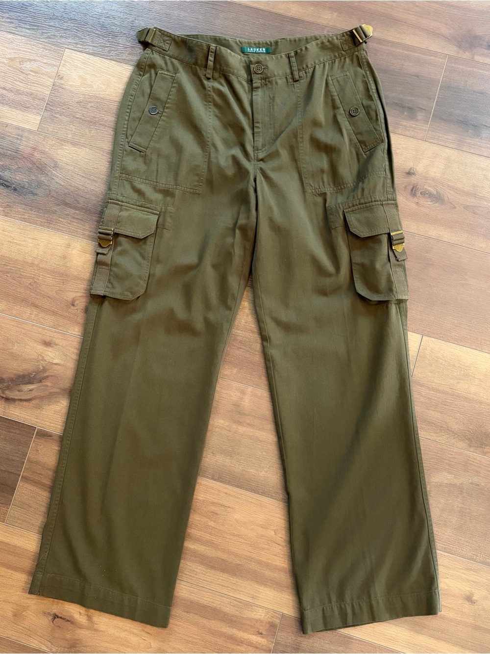 Lauren Ralph Lauren Cotton Rayon Military Green Cargo Pants Wide Leg Womens 12